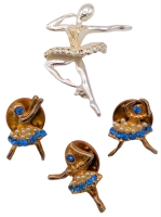 Vintage to Modern Silver Tone Ballerina Brooch w Clear Stones & 3 Mini 'Rina Pins with Faux Pearls + Sapphire Blue Rhinestones | 0.8" - 1.5" Tall