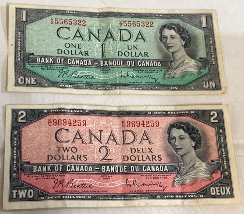 1954 Bank of Canada One & Two Dollar Bank Notes $1 $2