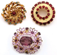 3 Round / Oval Brooches with Garnet Colored Rhinestones, Faux Pearl and Turquoise-Tone Beads & Open-Back Purple Faceted Focal Stone with Enamel | Largest 1.3" x 1.15"