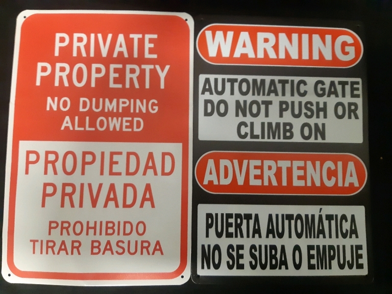 As New "Private Parking No Dumping Allowed" & "Warning Automatic Gate Do Not Push Or Climb On"Metal Wall Signs ( 12" x 8" )