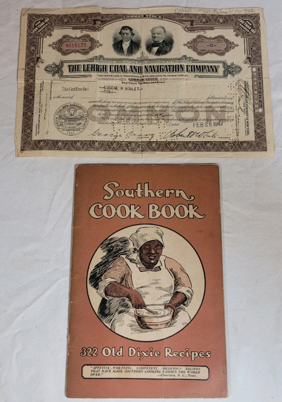 Vintage 1939 Southern Cook Book & 1947 Lehigh Coal and Navigation Company Stock Certificate