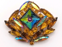 Stunning Vintage Open-Back Watermelon Rhinestone & Amber-Tone Rhinestone Gold Tone Brooch | 2" x 1.6"