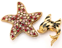 Vintage Gold Tone Starfish with Red, Pink + Aurora Borealis Rhinestones & Enameled Koi / Flying Fish with Clear Stones | Star measures 2.5" x 2.5"