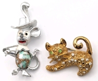 Campy Vintage Silver Tone "Mouseketeer" Jelly Belly Mouse Brooch with Stone & Gold Tone Cat Brooch with Green & Clear Rhinestones | Mouse is 2" Tall