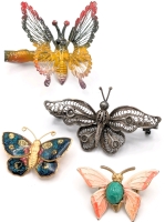 4 Vintage Butterflies including 3 Brooches (Unstamped Sterling Silver Filigree, Jelly Belly & Sparkly) & "Moving" Brightly Colored Butterfly Hairpin | Silver One is 2.25" Wide