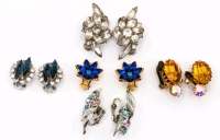 5 Pairs of Vintage Clip-On Earrings | Including Aurora Borealis, Sapphire Blue + Topaz-Colored Rhinestones | Largest are 1.5" Long