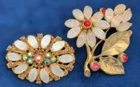 2 Vintage Gold Tone Brooches with Frosted Glass Accents & and Ruby Red + Blue / Pink Iridescent Rhinestones | Largest is 2.25" Tall