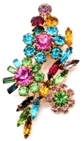 Bright and Fun Vintage Gold Tone & Colorful Rhinestone Floral Brooch | 2.5" Long