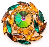 Absolutely Lovely Vintage Open-Back Watermelon Rhinestone with Amber and Emerald-Tone Rhinestones Round Gold Tone Brooch | 2.15" Diameter