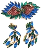 Fancy Vintage Gold Tone & Sapphire Blue, Emerald Green & Ruby Red Rhinestone Brooch (3.6" x 1.5") with Dangly Earrings (2" Long)