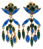 Fancy Vintage Gold Tone & Sapphire Blue, Emerald Green & Ruby Red Rhinestone Brooch (3.6" x 1.5") with Dangly Earrings (2" Long) - 3