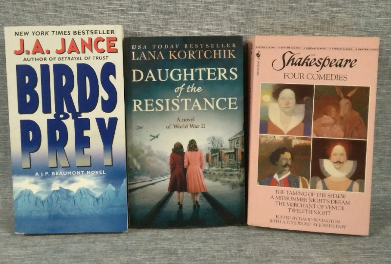 3 Softcover Books J.A. Janice Birds of Prey, Lana Kortxhij Daughters of the Resistance, Shakespeare Four Comedies