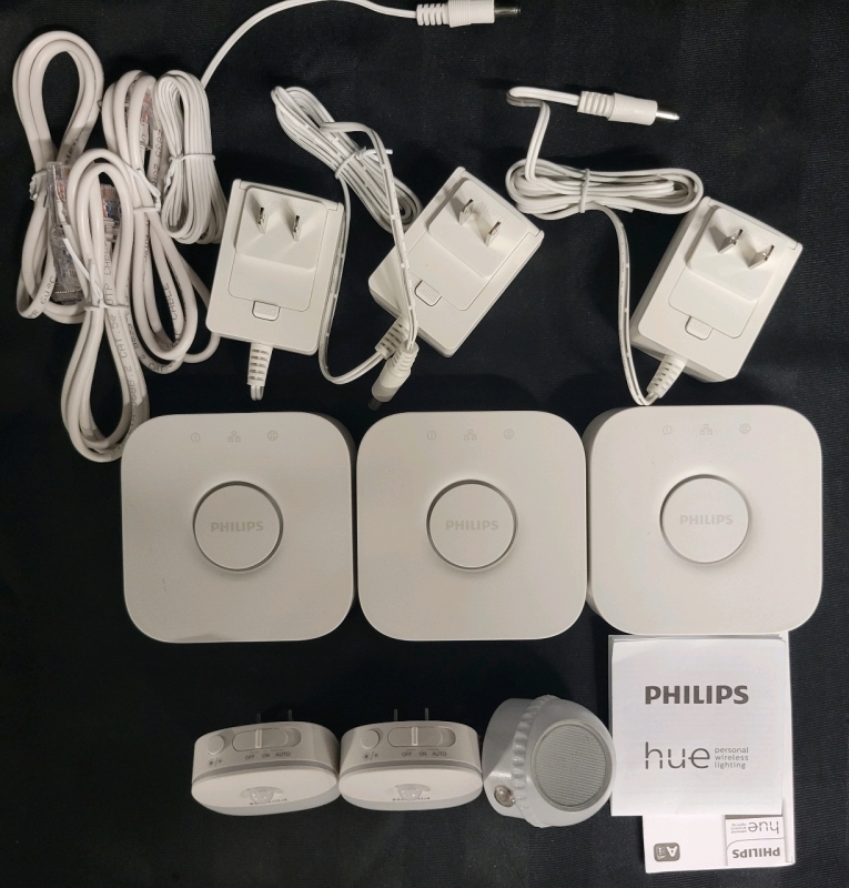3 Phillips Hue Personal Wireless Lighting Bridge With 3 Power Adapters, 3 Ethernet Cables, 2 Newlid Sensor Nightlights And 1 Lumen Motion Sensor Light, All Tested For Power Only