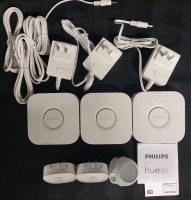 3 Phillips Hue Personal Wireless Lighting Bridge With 3 Power Adapters, 3 Ethernet Cables, 2 Newlid Sensor Nightlights And 1 Lumen Motion Sensor Light, All Tested For Power Only