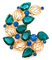 Large Vintage Gold Tone Brooch with Open-Back Emerald Green Rhinestones & Sapphire Blue Rhinestones | 2.15" x 1.15"