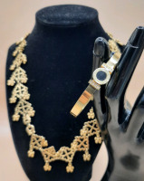 Vintage Gold Plated Festoon Clover Flower Necklace withFold Over Clasp & a Spring Open Cuff Bracelet w/ a Black Enamel Circle Encircled with Roman Numerals
