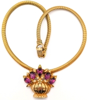 Signed Vintage CORO Pegasus Gold Tone Tubogas / Omega Flex 14.5" Choker Necklace with Attached Adorable Vintage Pendant with Open-Back Light Purple & Clear Rhinestones (1.4" x 1.25")