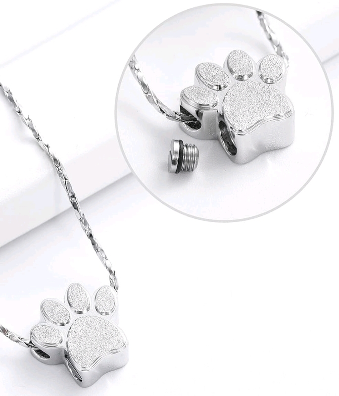 New Silver Tone Paw Print-Shaped Memorial Keepsake Urn Necklace for Pet Ashes / Cremains