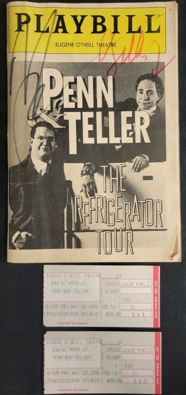 Vintage Penn And Teller The Refrigerator Tour Signed Playbill At O'Neill Theatre With Two Ticket Stubs To The Show 1991