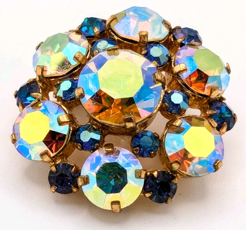 Beautiful Signed Vintage Austria Gold Tone & Aurora Borealis Rhinestone Brooch | 1.25" Diameter