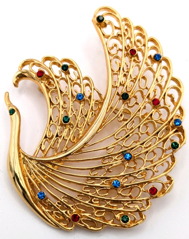 Lovely Large Vintage Gold Tone Filigree Peacock Brooch w Red, Green & Blue Brooch | 2.25" x 2.75"