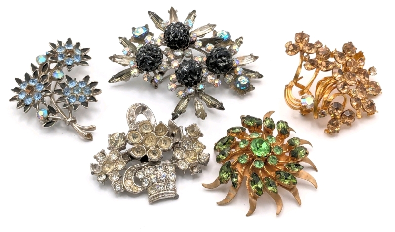 5 Vintage As-is Brooches Missing Stones | Includes Uranium Glass, Aurora Borealis+