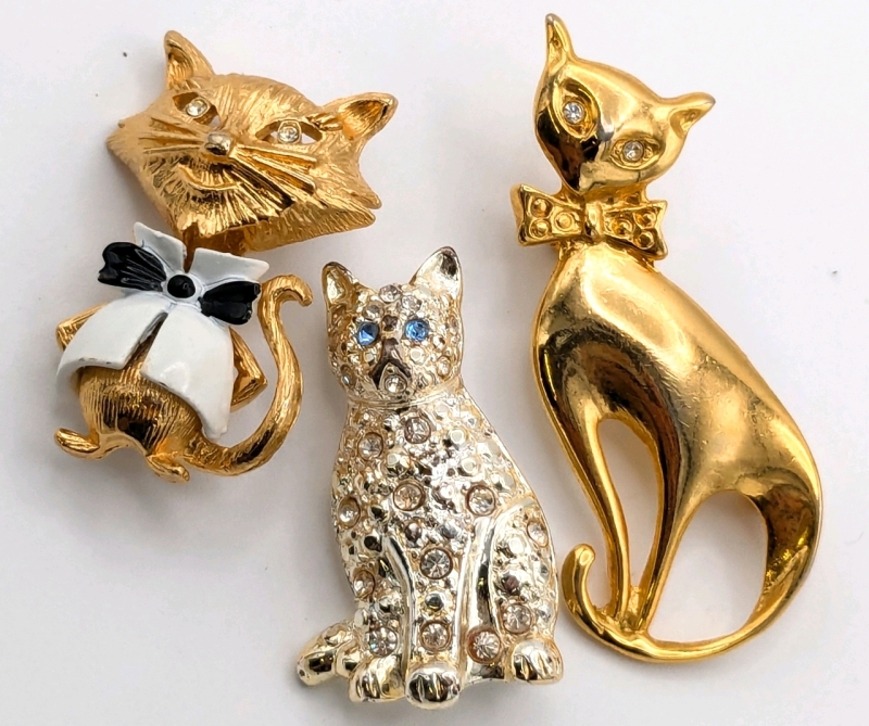 3 Vintage Cat Brooches in Gold & Silver Tones with Rhinestones & 1 With Enamel Suit & Bow-Tie | 1.5" - 2.15" Long