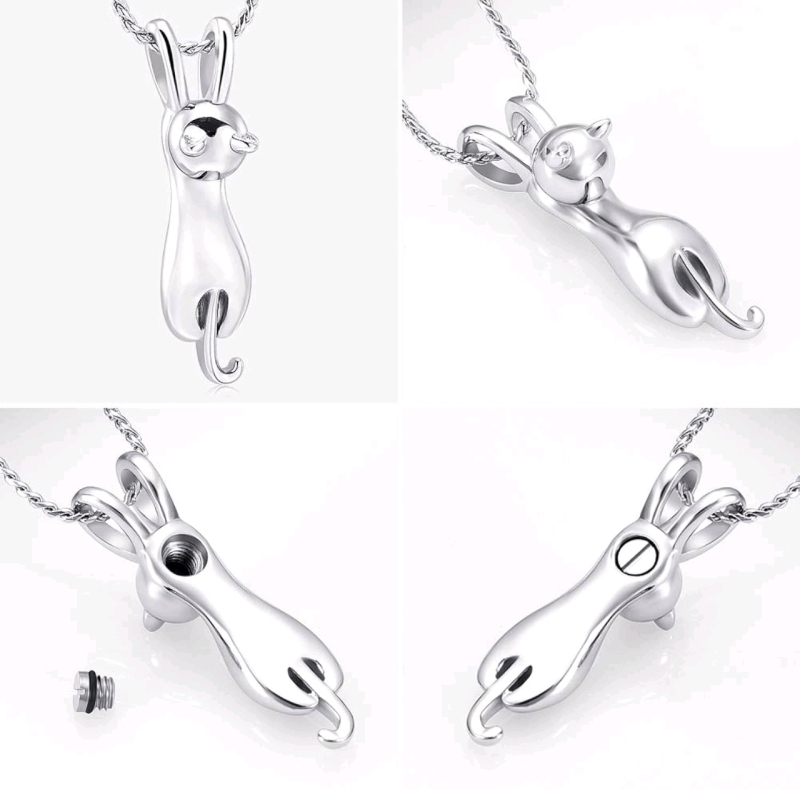 New Silver Tone Kitty-Shaped Memorial Keepsake Urn Necklace for Pet Ashes / Cremains