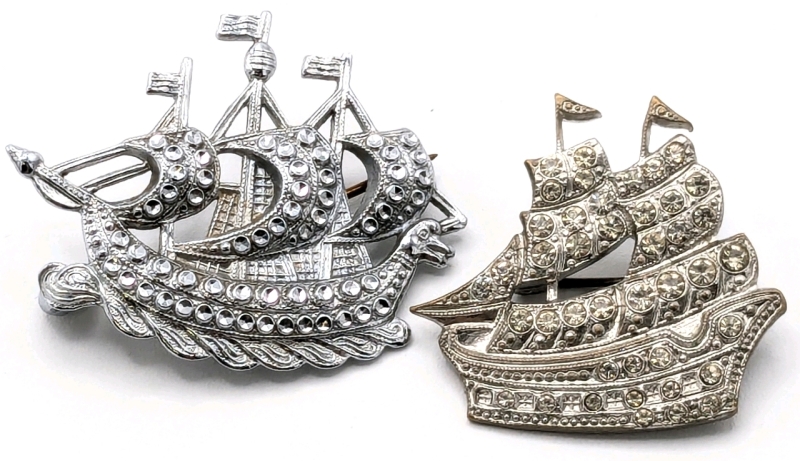 2 Fun Vintage Silver Tone Viking + Galleon Ship Brooches | 1.4" Tall ea