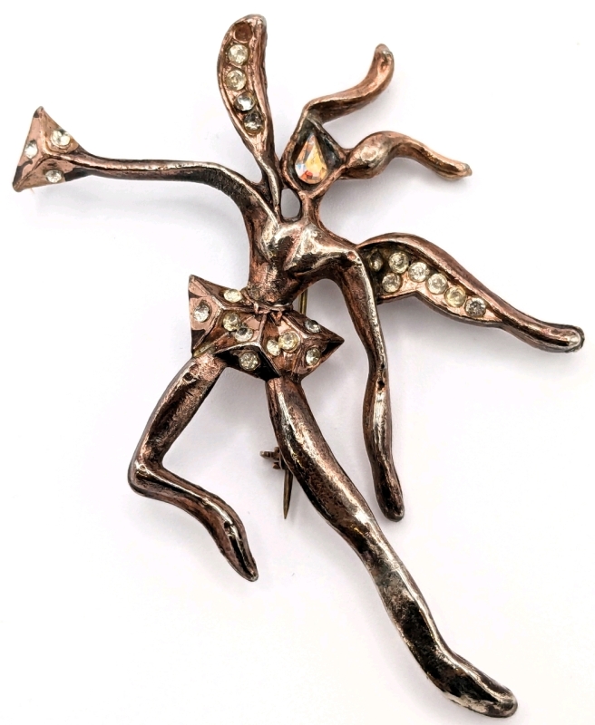 Large Vintage Copper Tone Abstract Dancing Fairy with Aurora Borealis Rhinestone Face | 3.15" Long