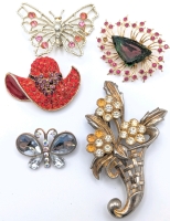 5 Vintage As-is Brooches | Includes Watermelon and Aurora Borealis Rhinestones + | Largest is 3.5" Long