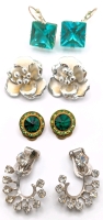 4 Vintage Pairs of Earrings incl Uranium Glass | Silver & Gold Tones with Rhinestones & Enamel | Uranium Glass Rhinestones Earrings are 0.5" Diameter