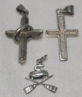 Sterling Silver Necklace Pendants . Two (2) Crosses & Curling Pendant