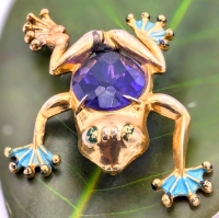 Fun Vintage Gold Jelly Belly Tone Frog Brooch with Open-Back Faceted Glass Rhinestone & Enamel Details | 2.25" Long