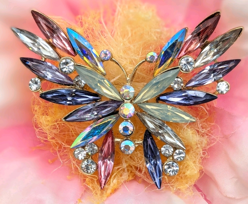 Gorgeous Aurora Borealis Rhinestone Butterfly Brooch | 2.25" x 1.75"