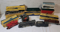 Vintage American Flyer 307 S - Gauge 4-4-2 Engine & Tender plus Caboose , Flat Car & Log Car w/Boxes . American Flyer Billboard Steam Whistle w/Box and Some Track