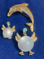 Two Jelly Belly Moonglow Lucite & Rhinestone Playfull Dolphin Brooches