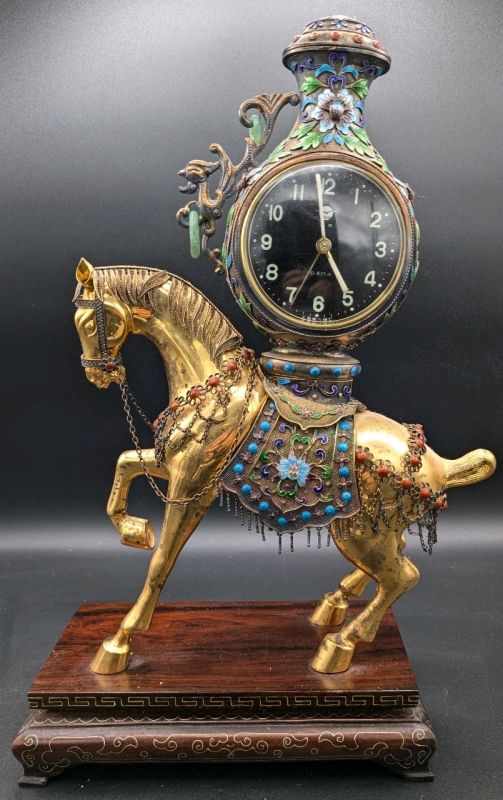 Vintage Ornate Cloissone, Brass & Wood Mounted Horse Mantle Clock with Alarm | Shanghai Sixth Bell Factory | 12" Tall