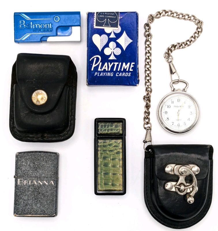 Vintage Zippo K 13 Lighter Made in USA with Leather Belt Pouch, Belmont Hybrid Lighter, Lighter with Lenticular Alligator Skin, Sealed Vintage Playtime Playing Cards & Philip Wells Pocket Watch & Case