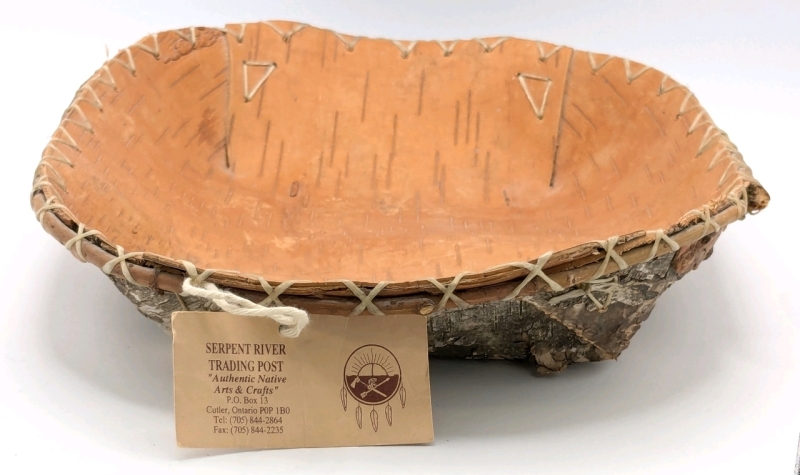 Handmade Native Ojibway Large Birch Bark Winnow Basket by Former Chief Bill Meawasige | Serpent River, Ontario | 13.25" x 9.5" x 2.25" Deep