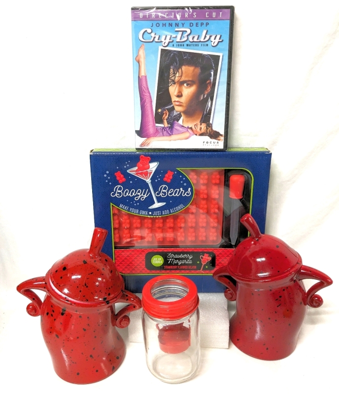 Home Decor & Fun! 2 Sassy Plastic Faux Enamel Containers (8"), New Boozy Bears Strawberry Margarita Gummy Bear Kit, Tea light Holder & New DVD Cry Baby Starring Johnny Depp