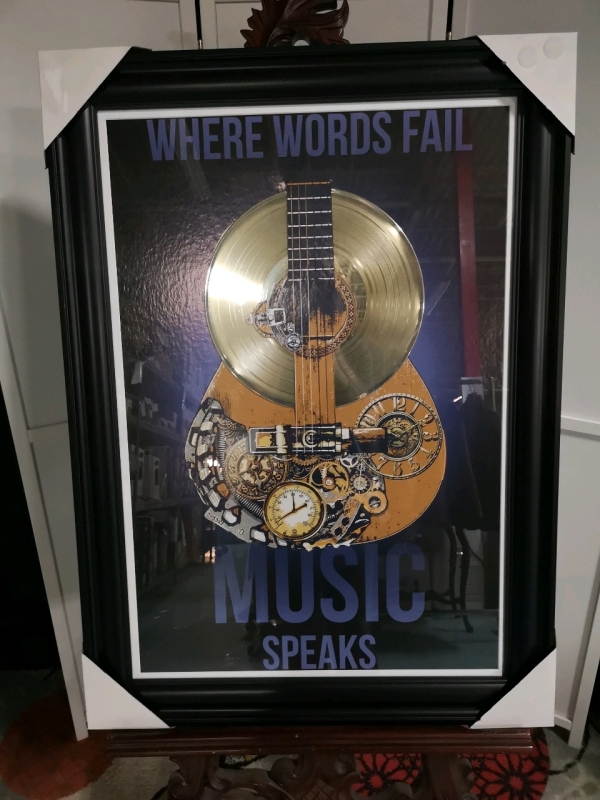 New Framed Print Music Speaks with Gold LP