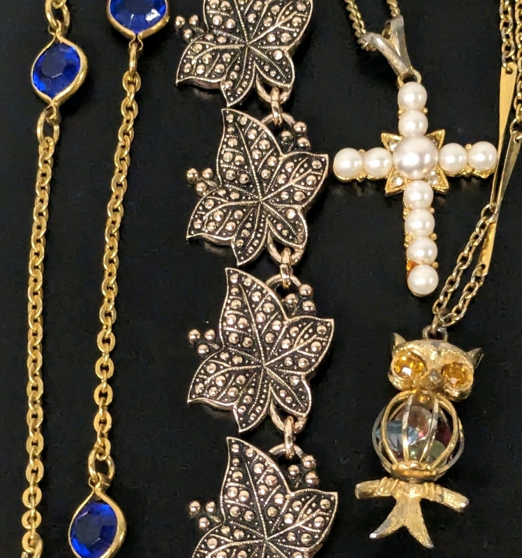 4 Vintage to Modern Necklaces : Rose Gold Leaves (14.5"), Owl with Rattling Rhinestones in its Belly (17"), Faux Pearl Cross (18") & Gold Tone & Blue Over-the-Head Style (35")