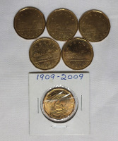 1990 & 2009 Canadian Loonie Coins . Five (5) 1990 Loonies & 2009 (1909-) Canadian Montreal Canadians Loonie