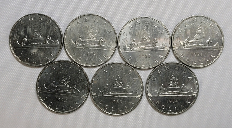 1978 - 1984 Canadian One Dollar Coins , Sevens (7) Coins in Various Condition