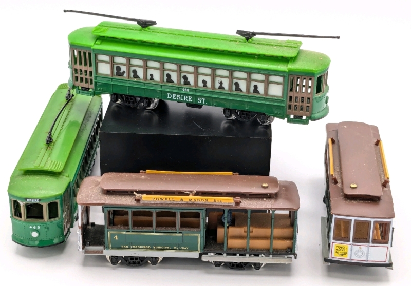 4 Vintage HO Scale Street Cars : 2 each Desire Street & Powell & Mason San Francisco Municipal Railway | 4.1" - 5.7" Long