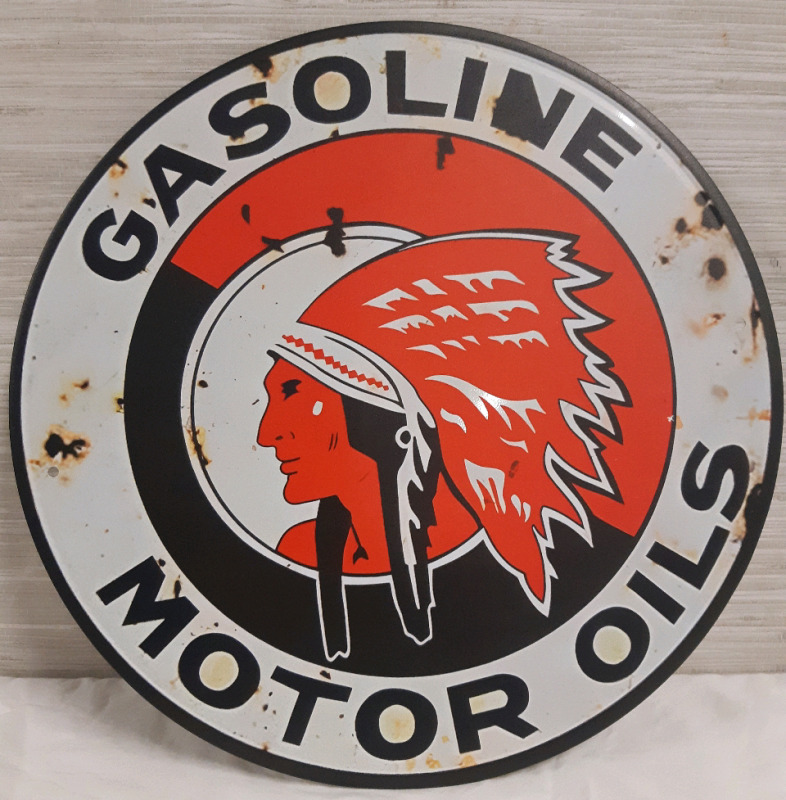 New | " Red Indian Gasoline Motor Oils " Circular Metal Hanging Wall Sign ( 1 foot diameter ) .