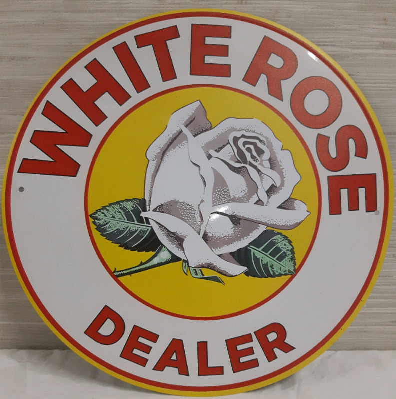 New | " White Rose Gasoline Dealer " Metal Hanging Wall Sign ( 12" Diameter )