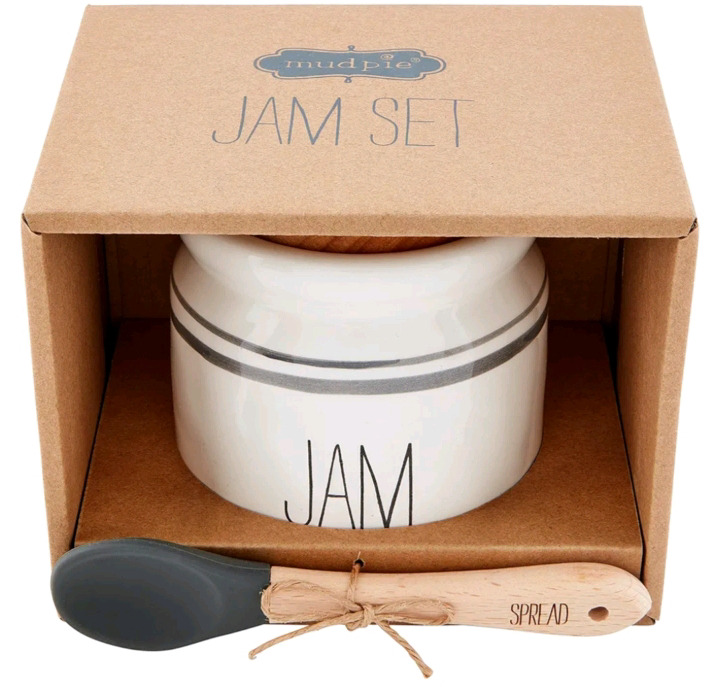 New | Mud Pie Bistro Jam Set, jar 4 1/2" x 3 1/2" Diameter| Spoon 5", White