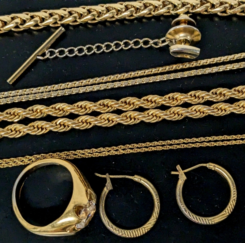 Vintage to Modern Gold Tone Jewelry: 3 Chains (18" - 40"), 1 Bracelet (7"), Hoop Earrings, Tie Pin & Signed Ring (Size 7)